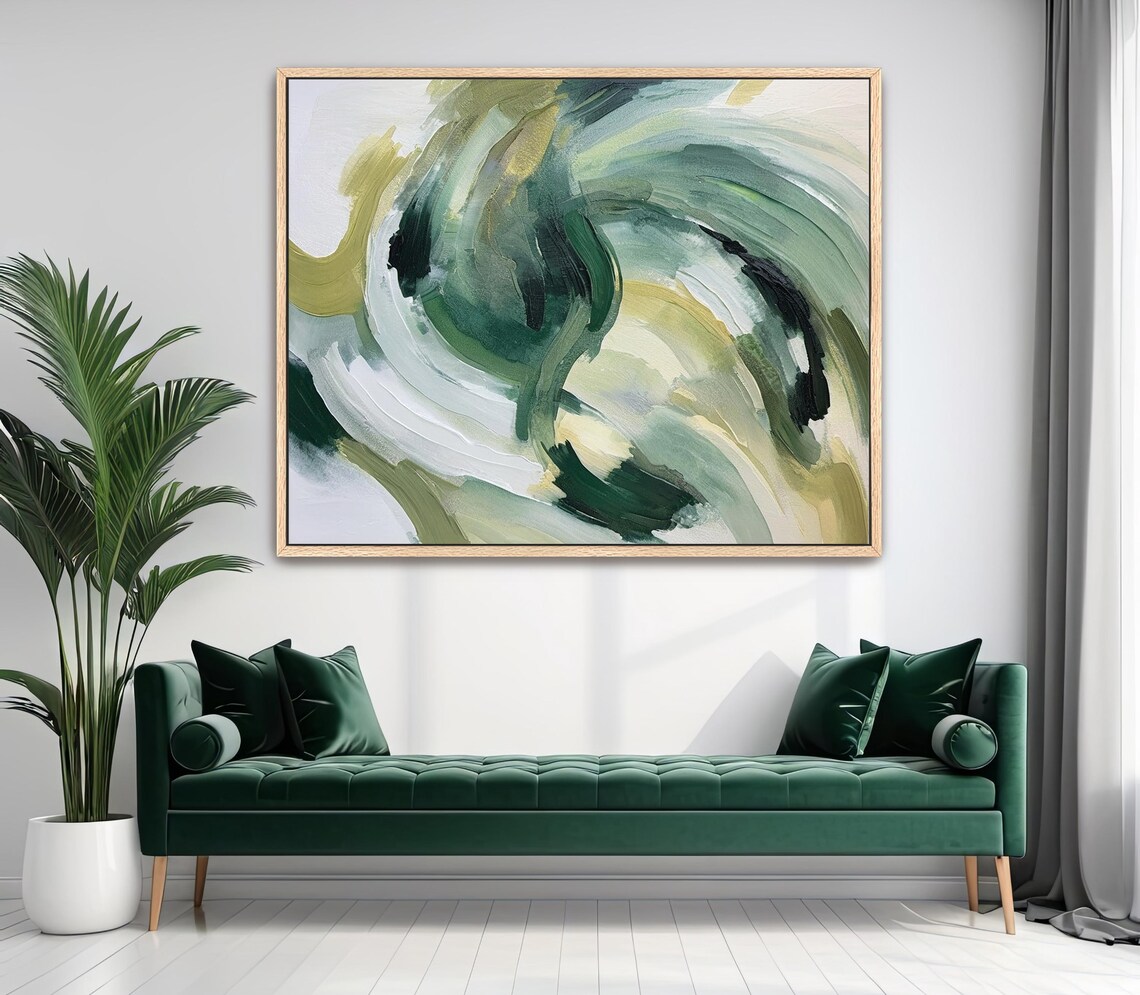 Hand Painted Abstract Acrylic Painting Large Artwork Wall Art Light Dark Olive Forest Green Neutral Beige White Framed Wall Decor - Image 2