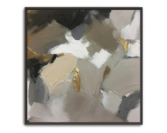 Hand Painted Abstract Acrylic Painting Large Artwork Wall Art Black White Gray Beige Ivory Gold Neutral Textured Framed Wall Decor
