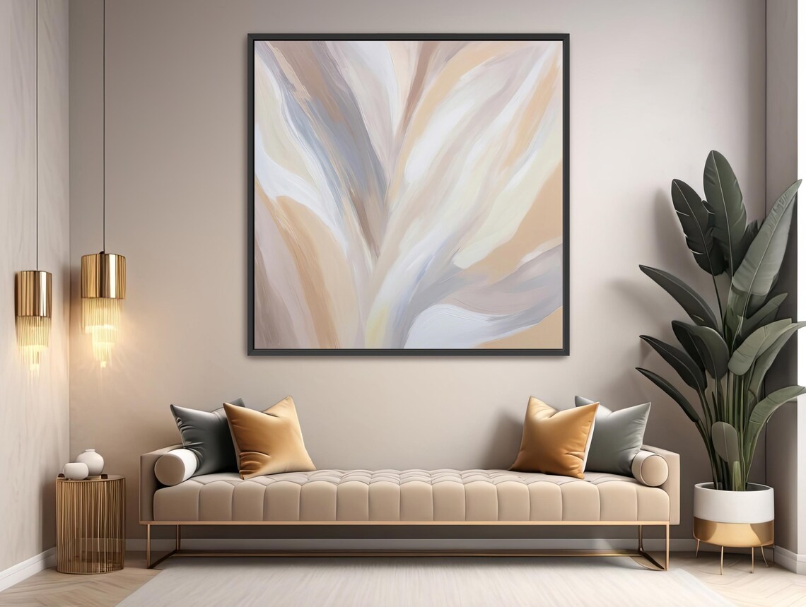 Hand-Painted Neutral Abstract Art Print, Beige and Gray - Image 4