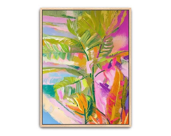 Hand Painted Abstract Art Acrylic Painting Large Wall Artwork Colorful Rainbow Green Pink Tropical Jungle Palm Leaves Framed Decor