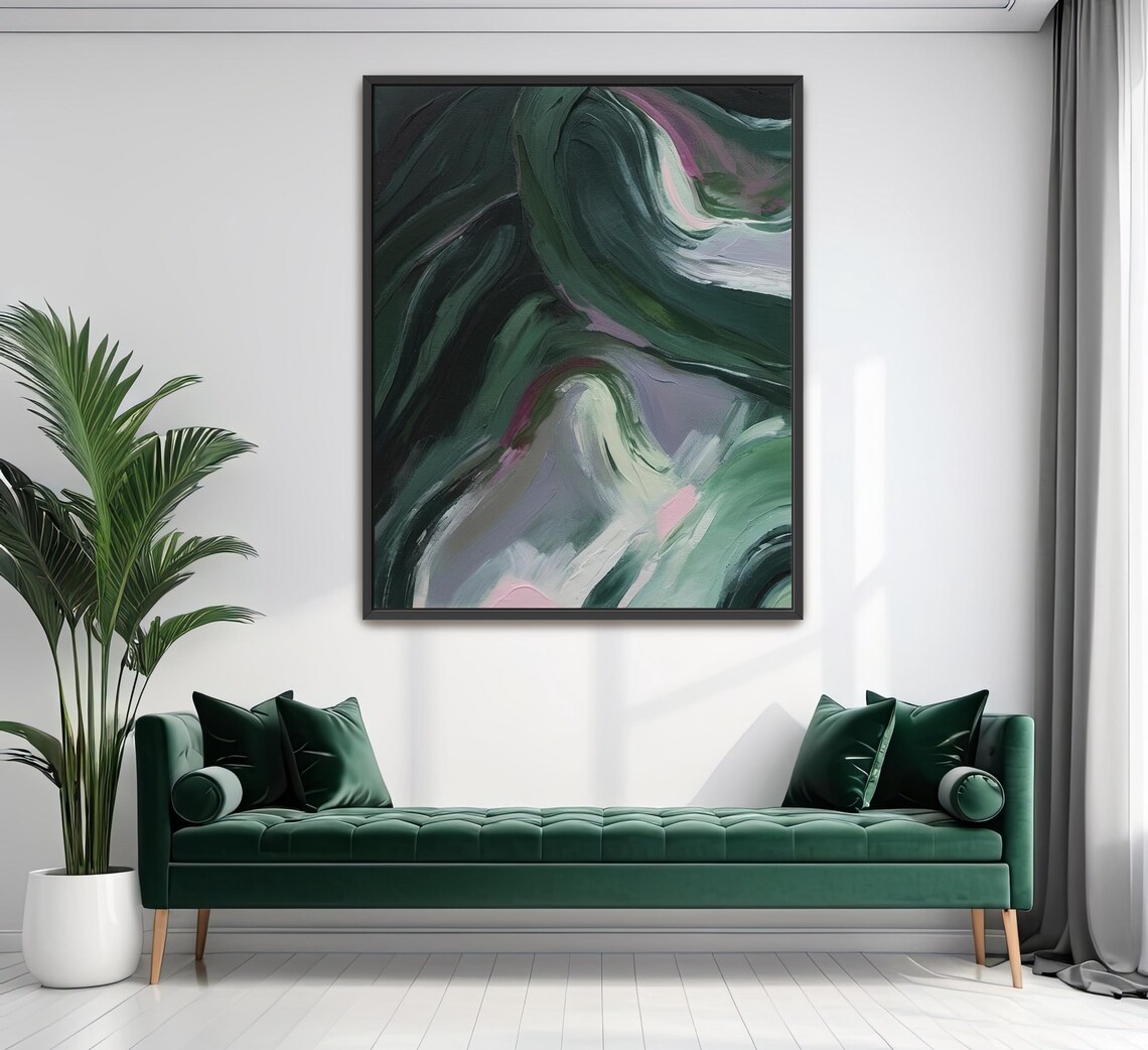 Hand Painted Abstract Acrylic Painting Large Artwork Wall Art Dark Green Turquoise Teal Forest Waves Textured Framed Wall Decor - Image 2