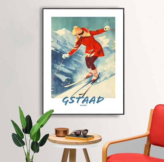 Gstaad Switzerland Vintage Ski Resort Skier Winter Travel Poster