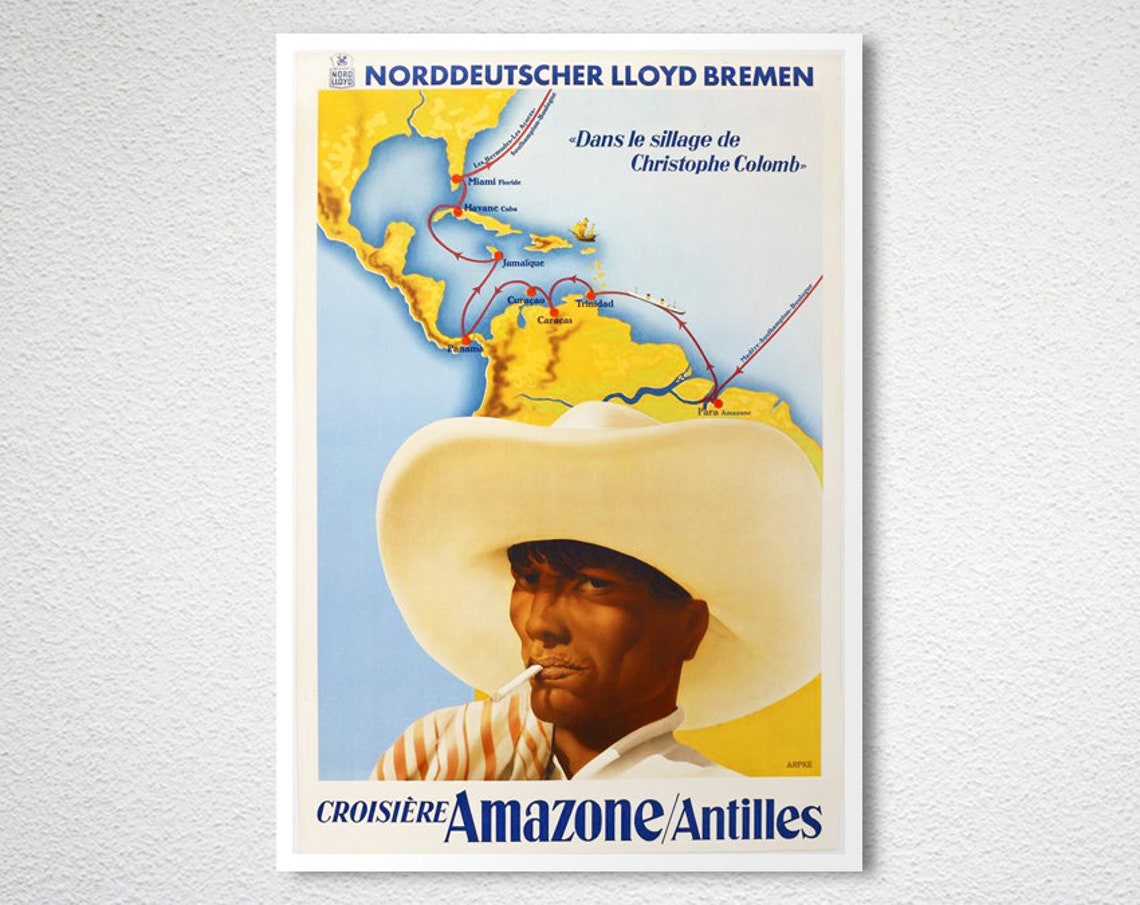 Norddeutscher Lloyd Amazon Antilles Cruise Map Vintage Poster - Image 2