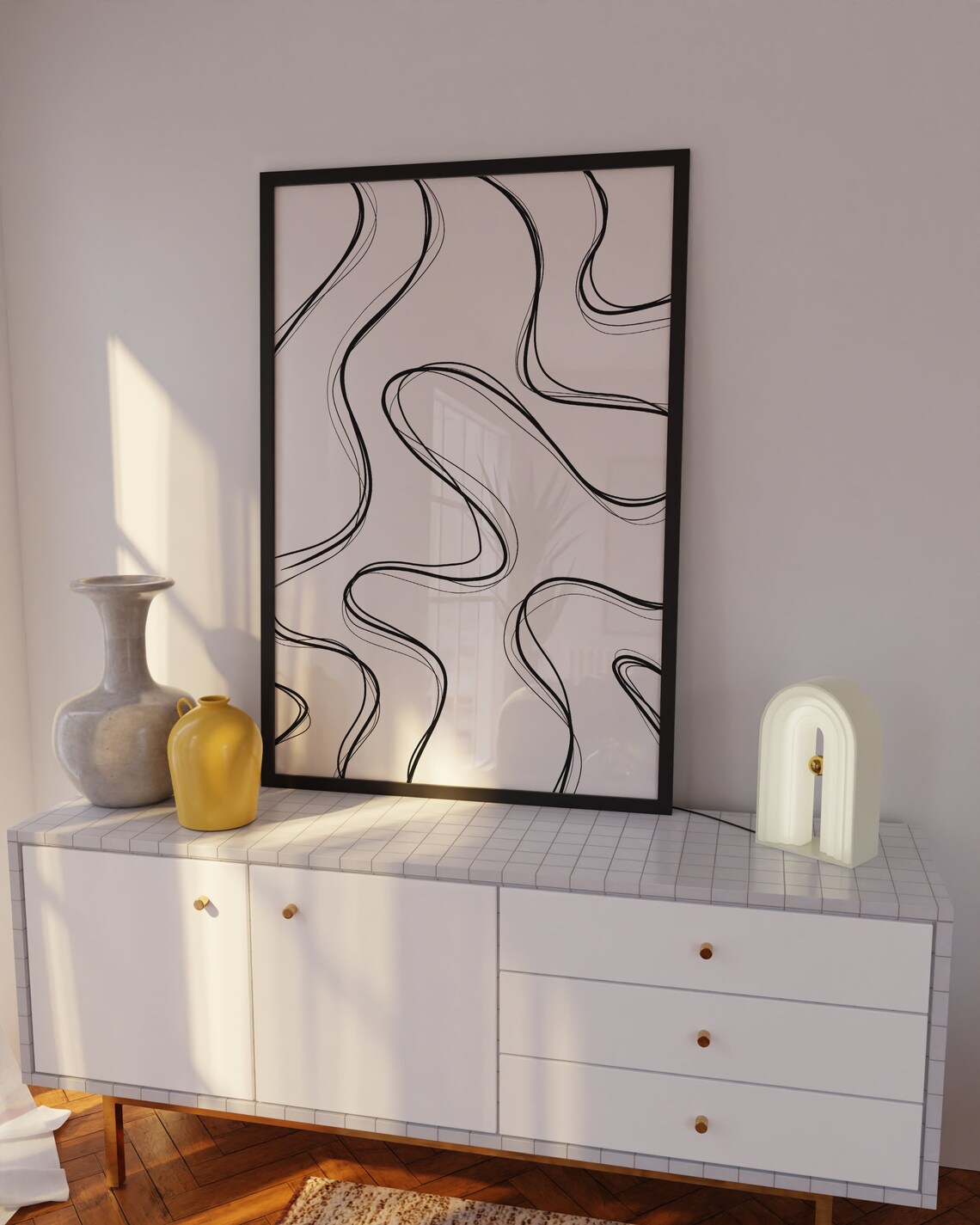 Flowing Wavy Black Lines Minimalist Modern Ink Abstract Poster - Image 3
