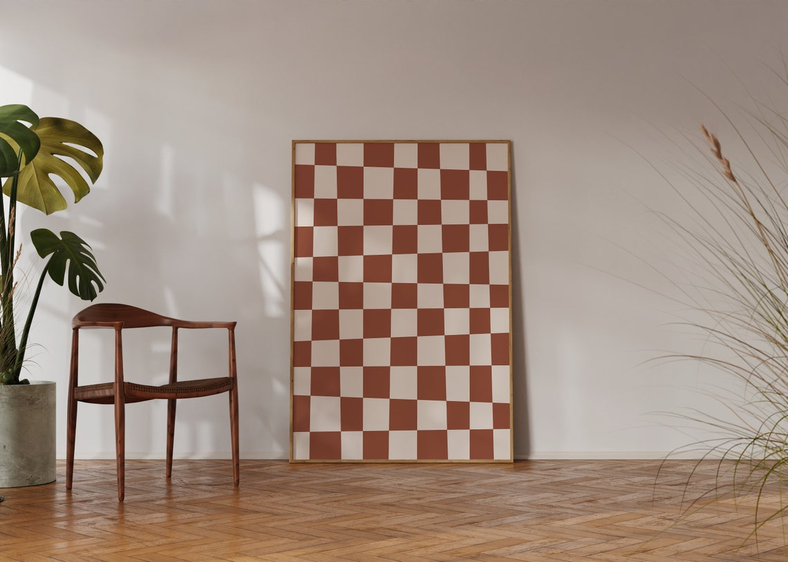 Terracotta Checkerboard Pattern Retro Checkered Graphic Funky Poster - Image 4