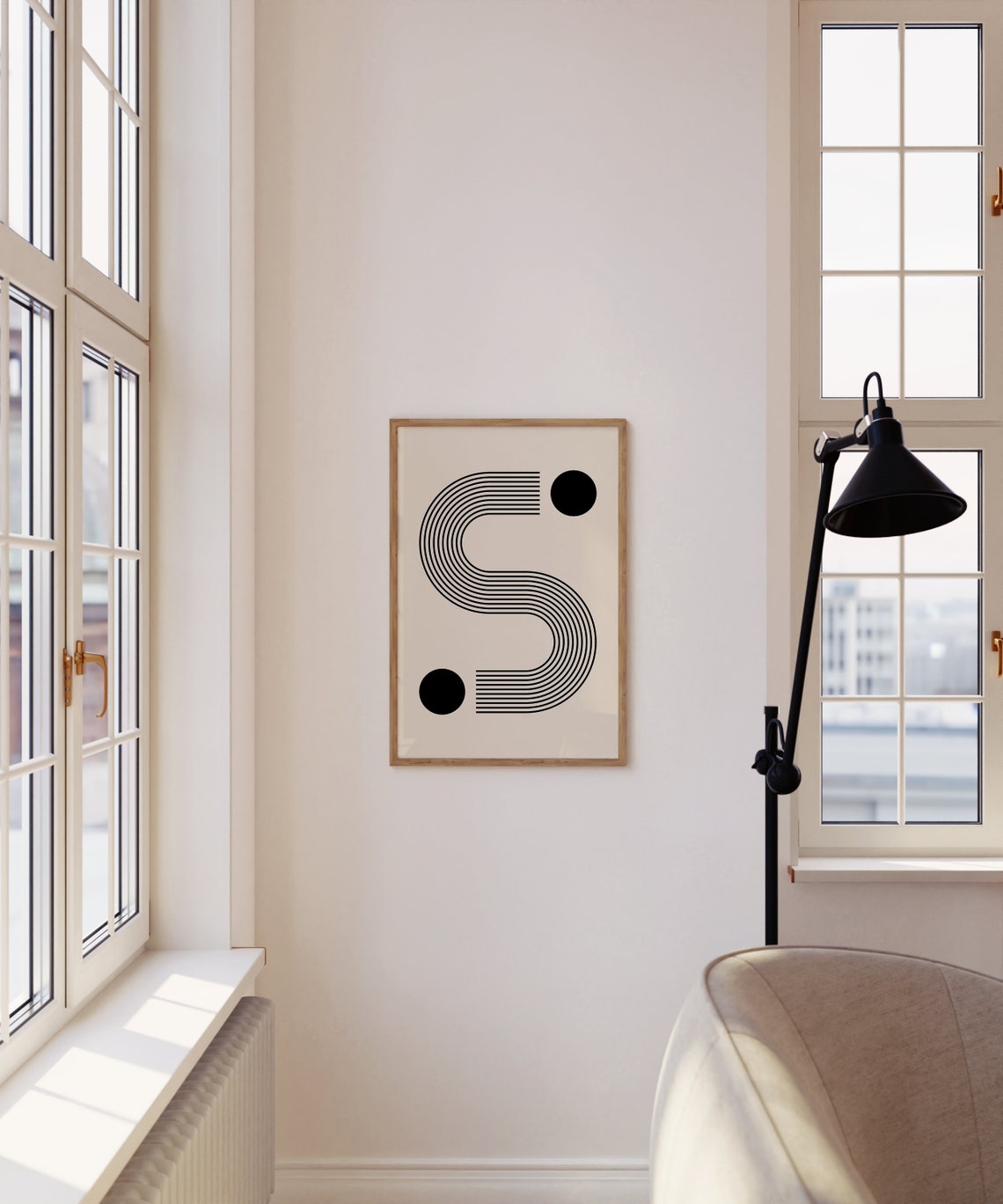 Monochrome S Shape Striped Lines Two Dot Japandi Minimalist Poster