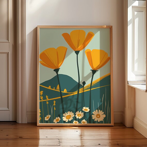 California Poppies Print Mid Century Modern Art Cinco De Mayo Wall Art 70s Flower Power Print Matisse Style Botanical Art Vintage Poppies