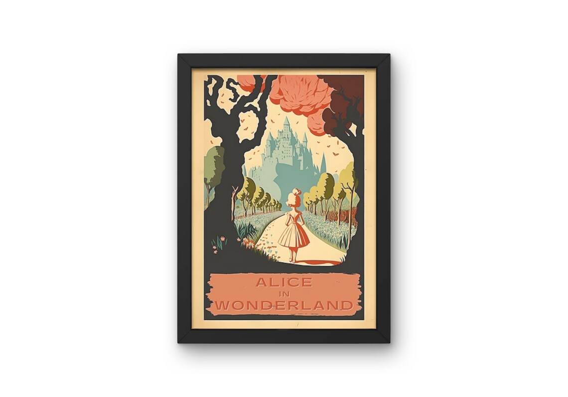 Alice In Wonderland Pink Dress Castle Path Whimsical Vintage Poster