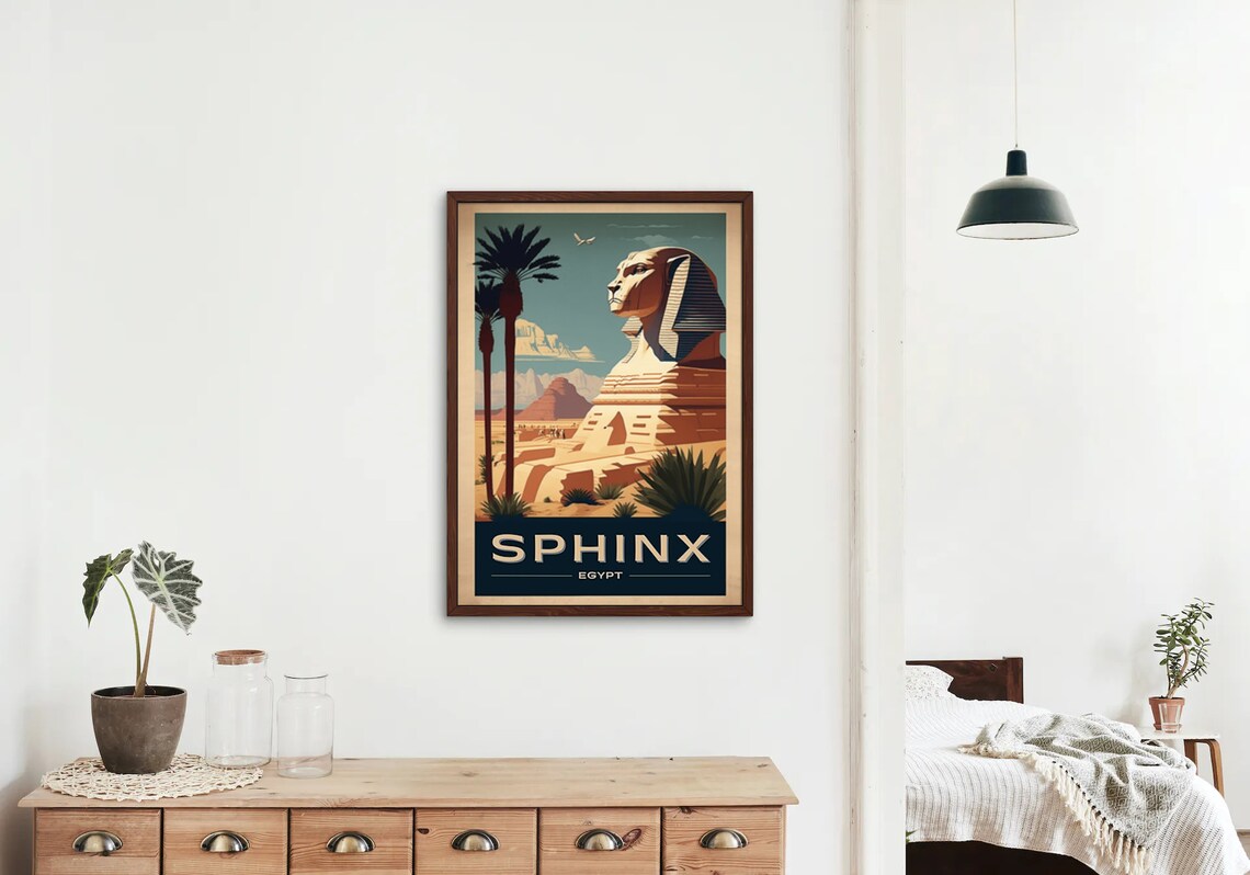 Giza Egypt Sphinx Palm Trees Sunlit Desert Vintage Travel Poster - Image 2