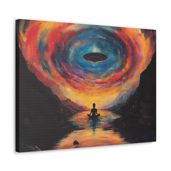 Swirling Galaxy Vortex With UFO Above Meditating Figure Print