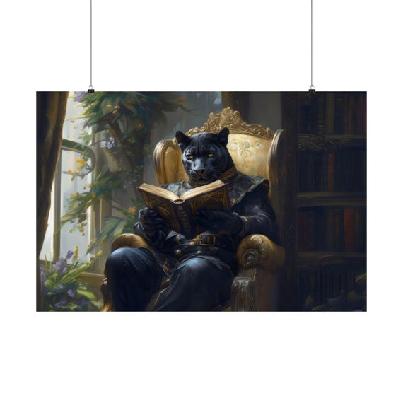 Reading Panther Maximalist Eclectic Victorian Poster Print Bold Altered Animal Portrait Fantasy Fun Colorful Renaissance Rustic Art