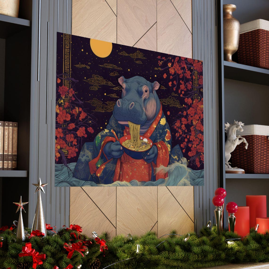 Japanese Style Hippo Slurping Ramen Under Bright Moonlight Poster - Image 2