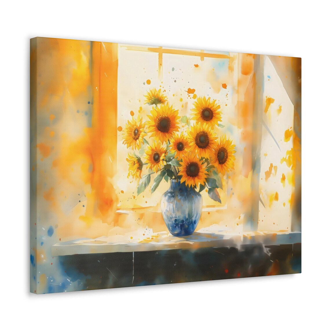 Bright Sunflower Bouquet in Blue Glass Vase Watercolor Art Poster - Image 3