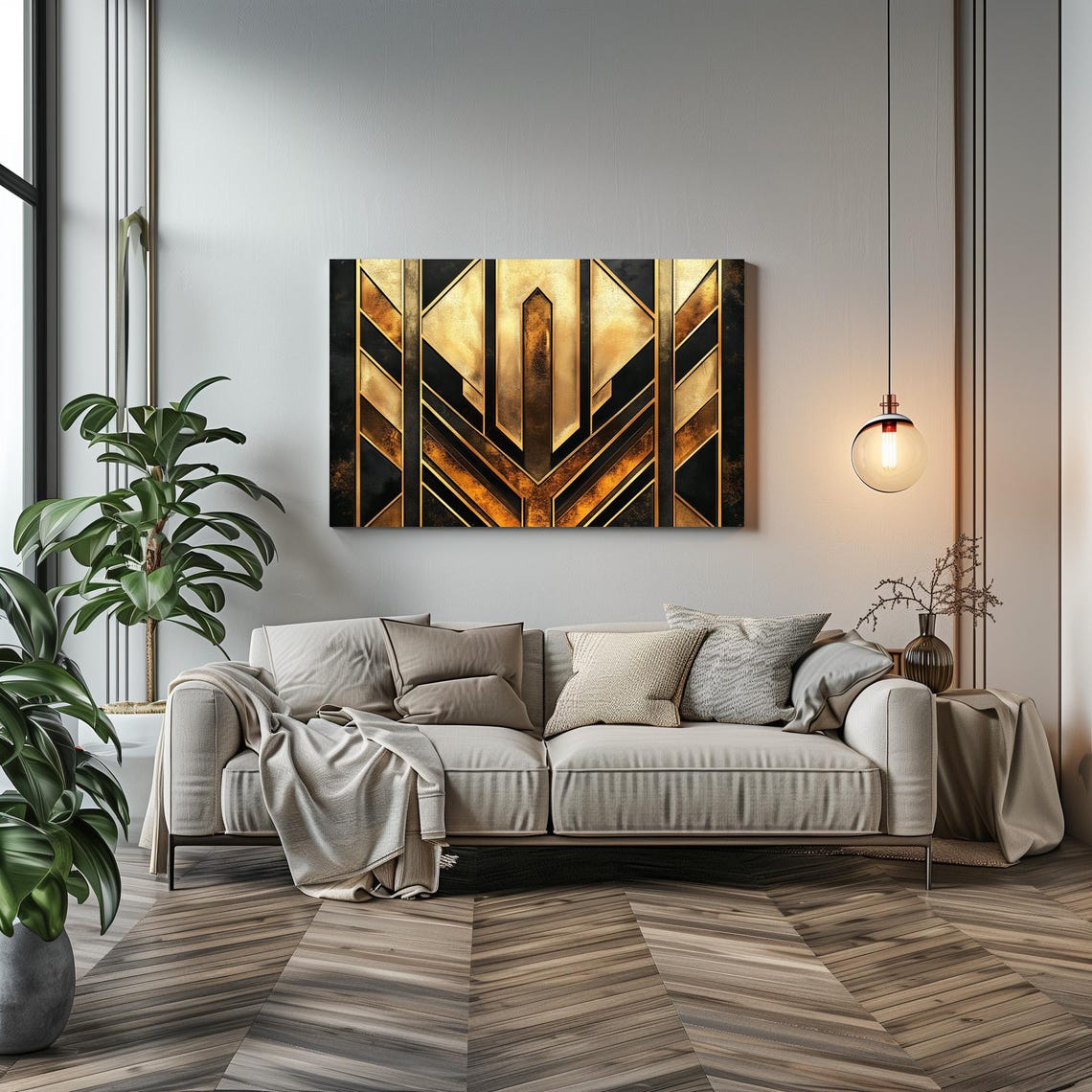 Art Deco Black Gold Chevron Geometric 1920s Glam Abstract Wall Print