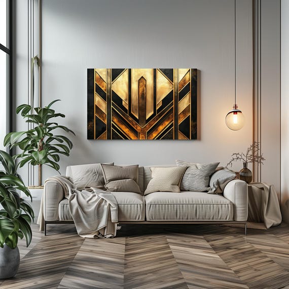 Art Deco 1920s Sleek Black And Gold Print Bold Statement Vibrant Metallic Look Geometric Colorful Shapes Zig Zags Rustic Art