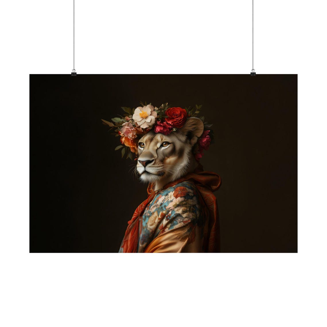 Lioness Floral Crown Portrait In Kimono Robe On Black Backdrop Poster - Image 3