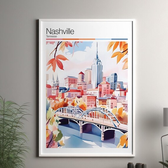 Nashville Tennessee Skyline Bridge River Watercolor Travel Poster