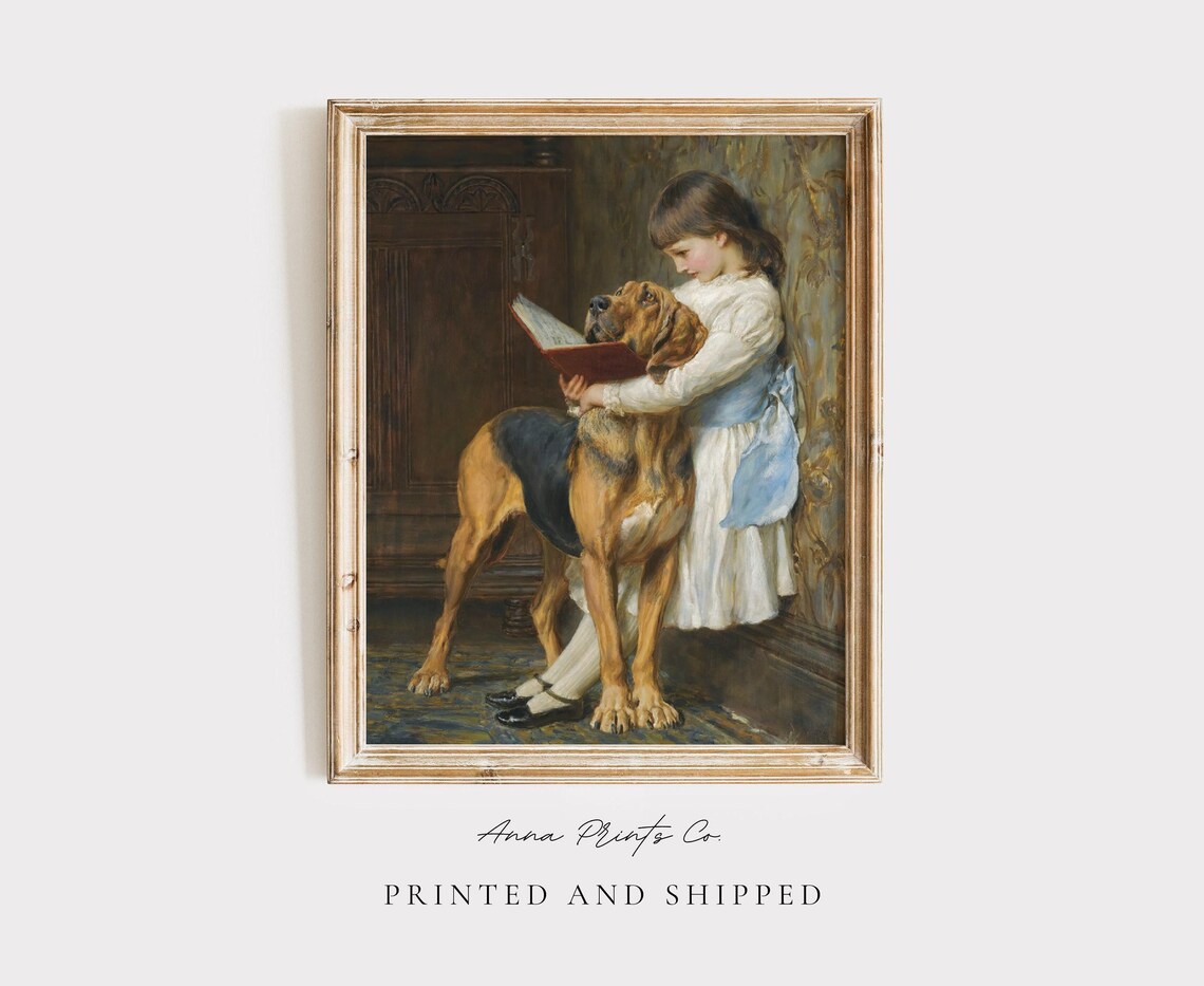 Girl Reading With Dog, Victorian Cottage Farmhouse Art Print