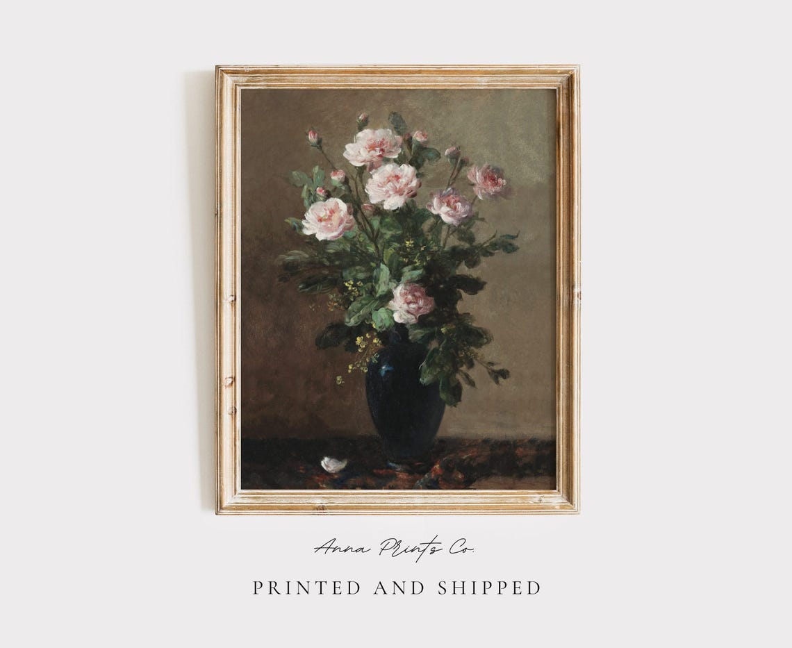 Blush Pink Roses In A Dark Vase Moody Floral Still Life Art Print
