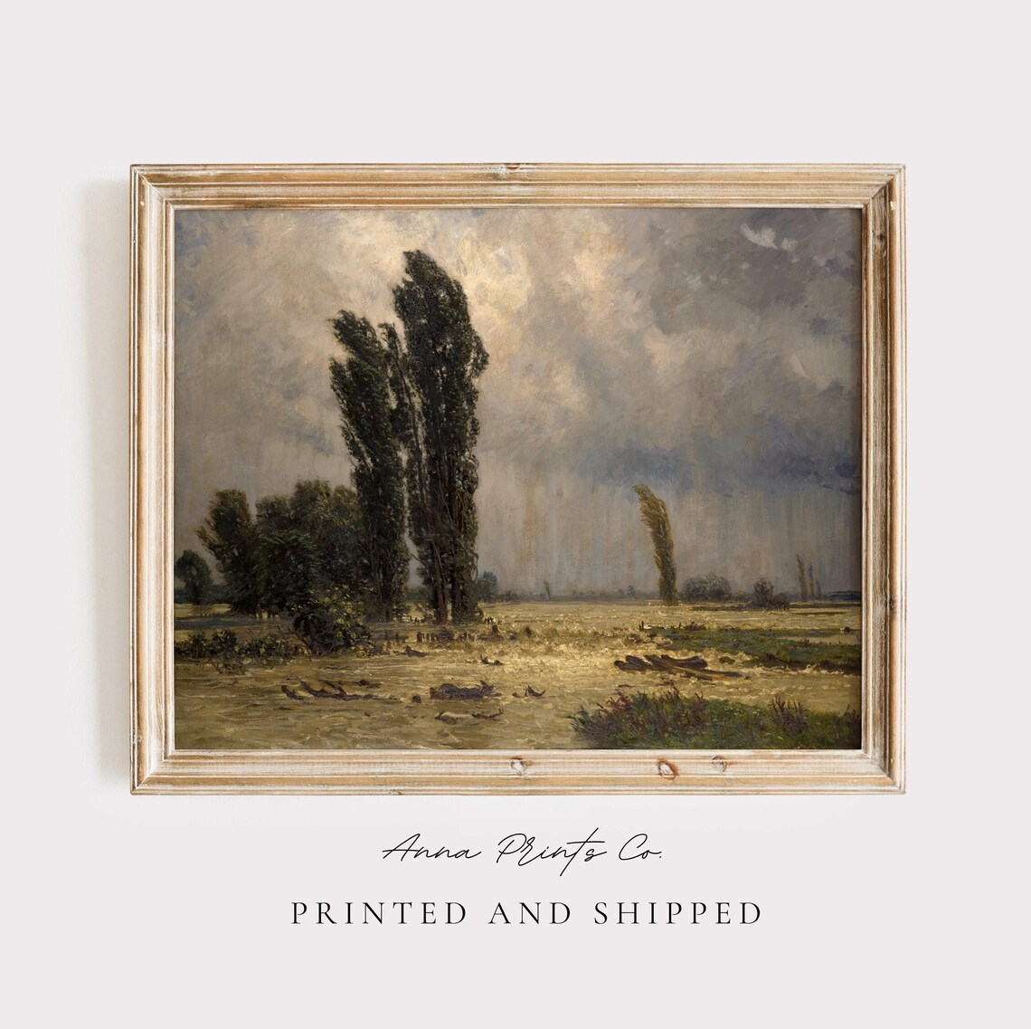 Moody Windswept Landscape Painting Print Stormy Poplar Trees Wall Art