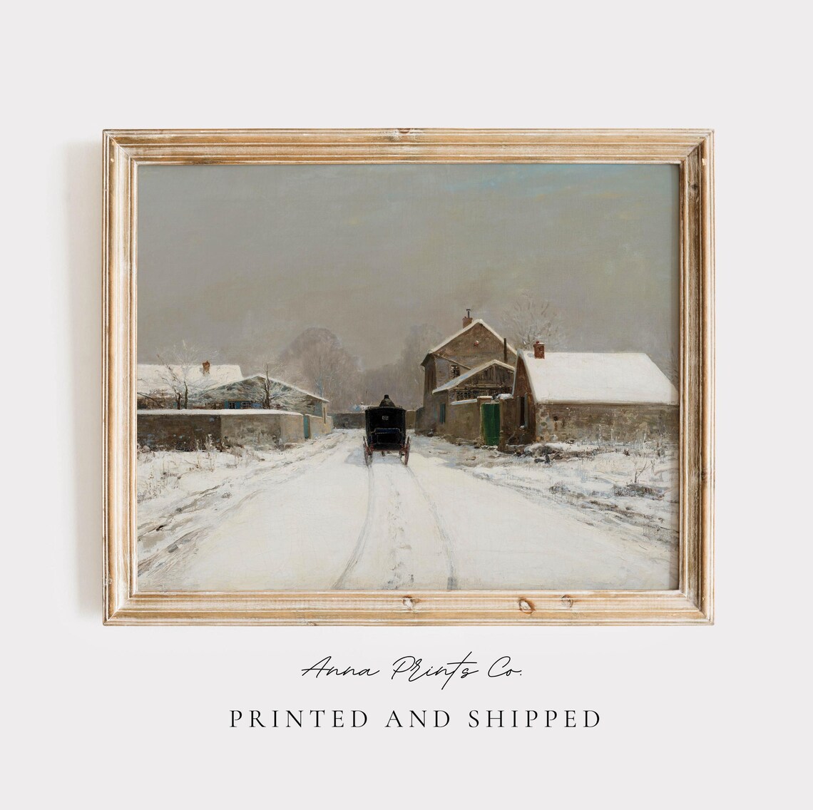 Vintage Winter Village Street, Christmas Cottage Art Print