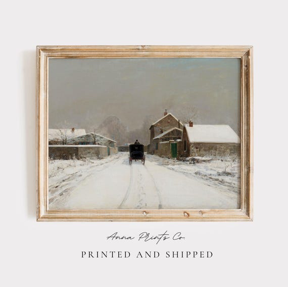 Vintage Winter Village Street, Christmas Cottage Art Print
