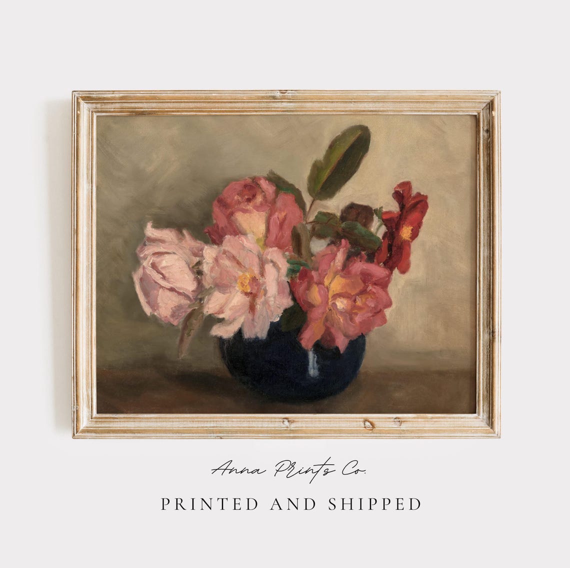 Pink And Red Roses In A Dark Vase Still Life Vintage Floral Print