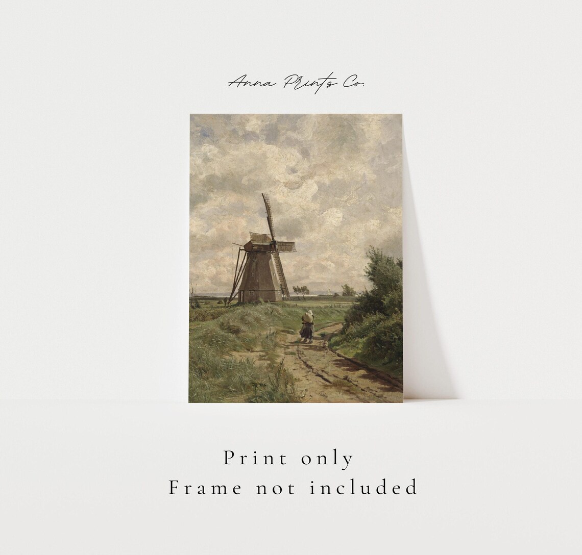 Antique Dutch Windmill Vintage Landscape Art Print - Image 3
