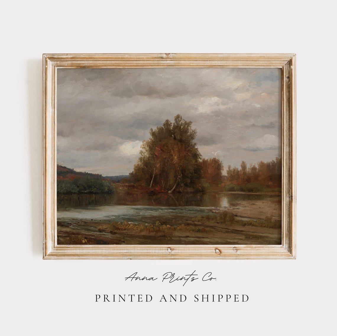 Moody Autumn River Landscape With Golden Trees Vintage Fall Art Print