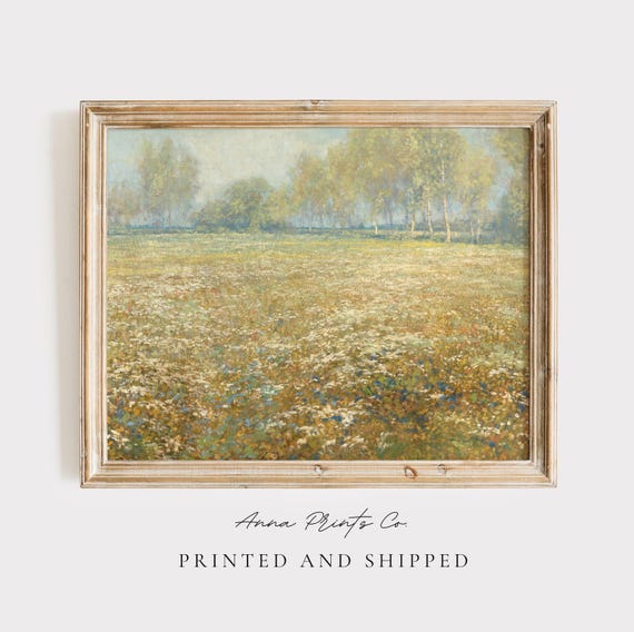 Vintage Flower Meadow Painting, Cottagecore Art Print