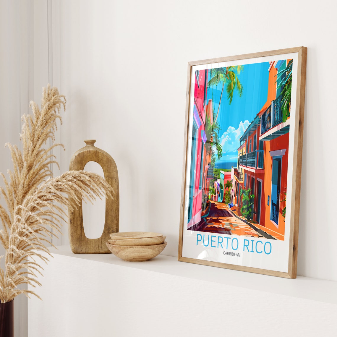 Puerto Rico Caribbean Vibrant Old Town Street Balcony Palms Poster - Image 2