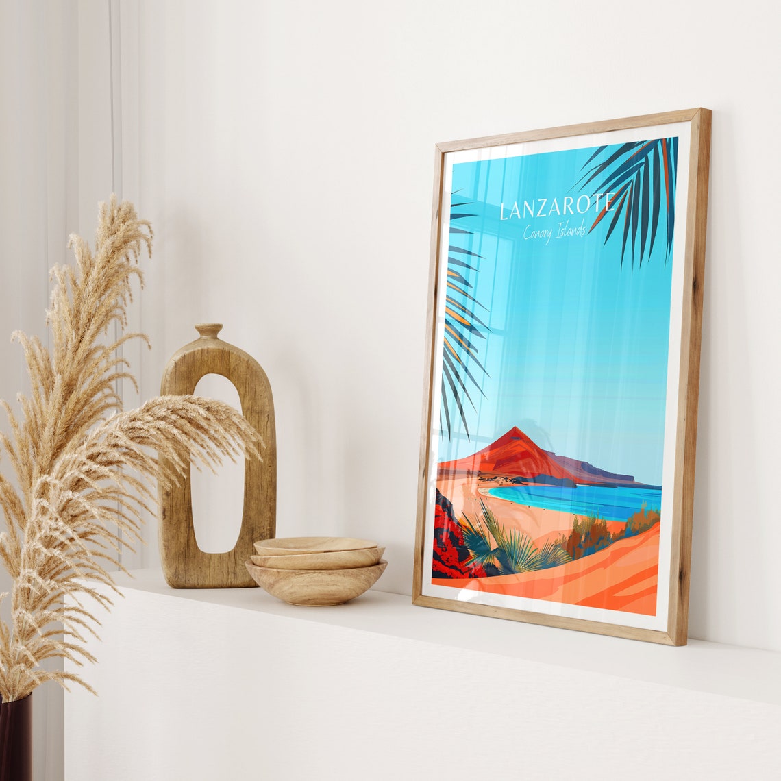 Lanzarote Canary Islands Red Volcano and Beach Travel Poster - Image 2