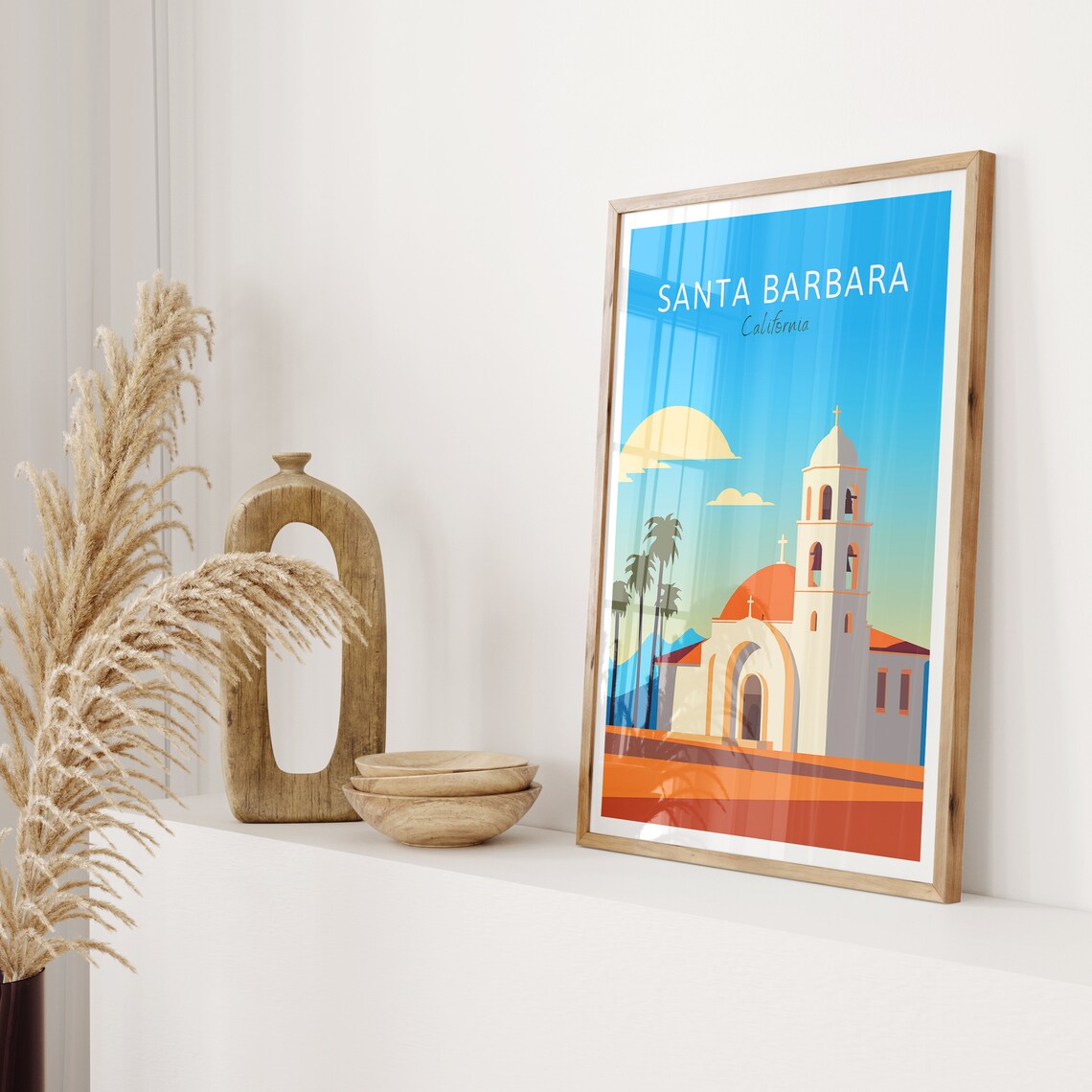 Santa Barbara California Poster Spanish Mission Church Palms Sun Art - Image 2