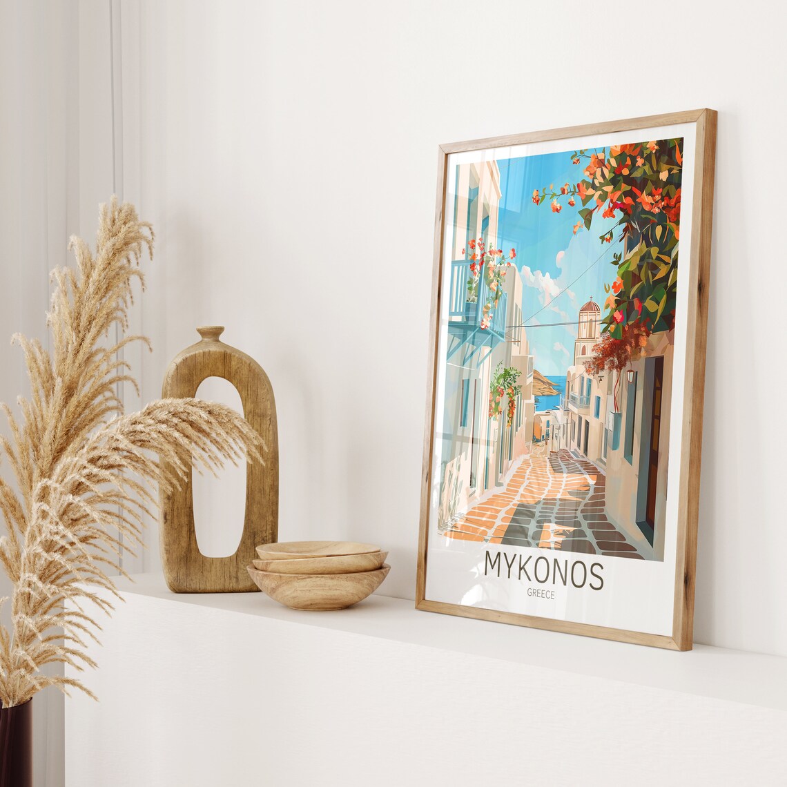 Mykonos Greece Flower Lined Cobblestone Street to the Sea Poster - Image 2