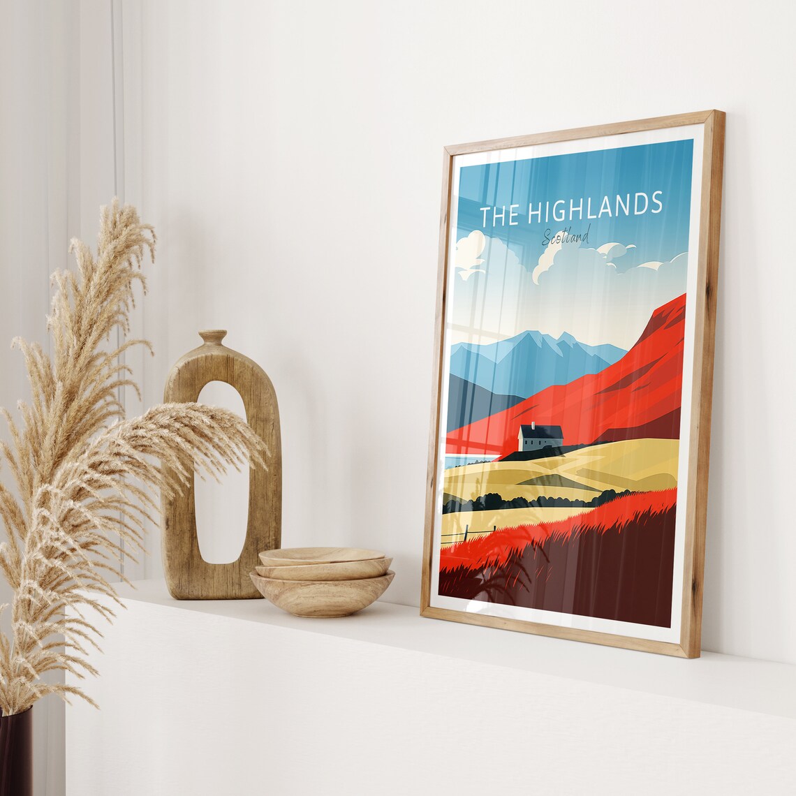 The Highlands Scotland Poster Rolling Hills Cottage Mountain View Art - Image 2