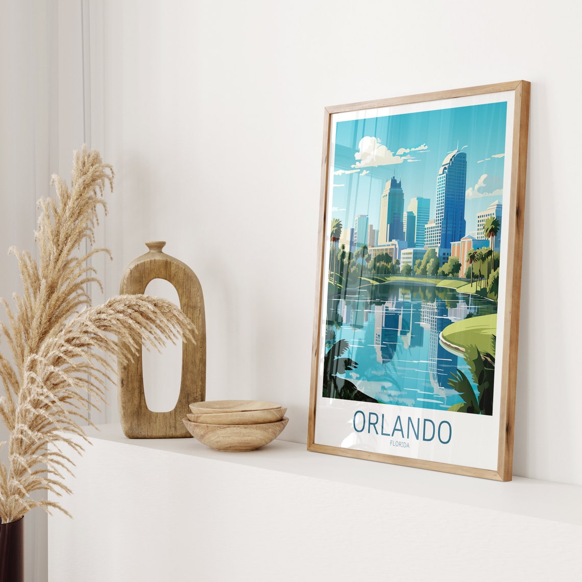 Orlando Florida Skyline Lake Reflection Palms View Travel Poster - Image 2