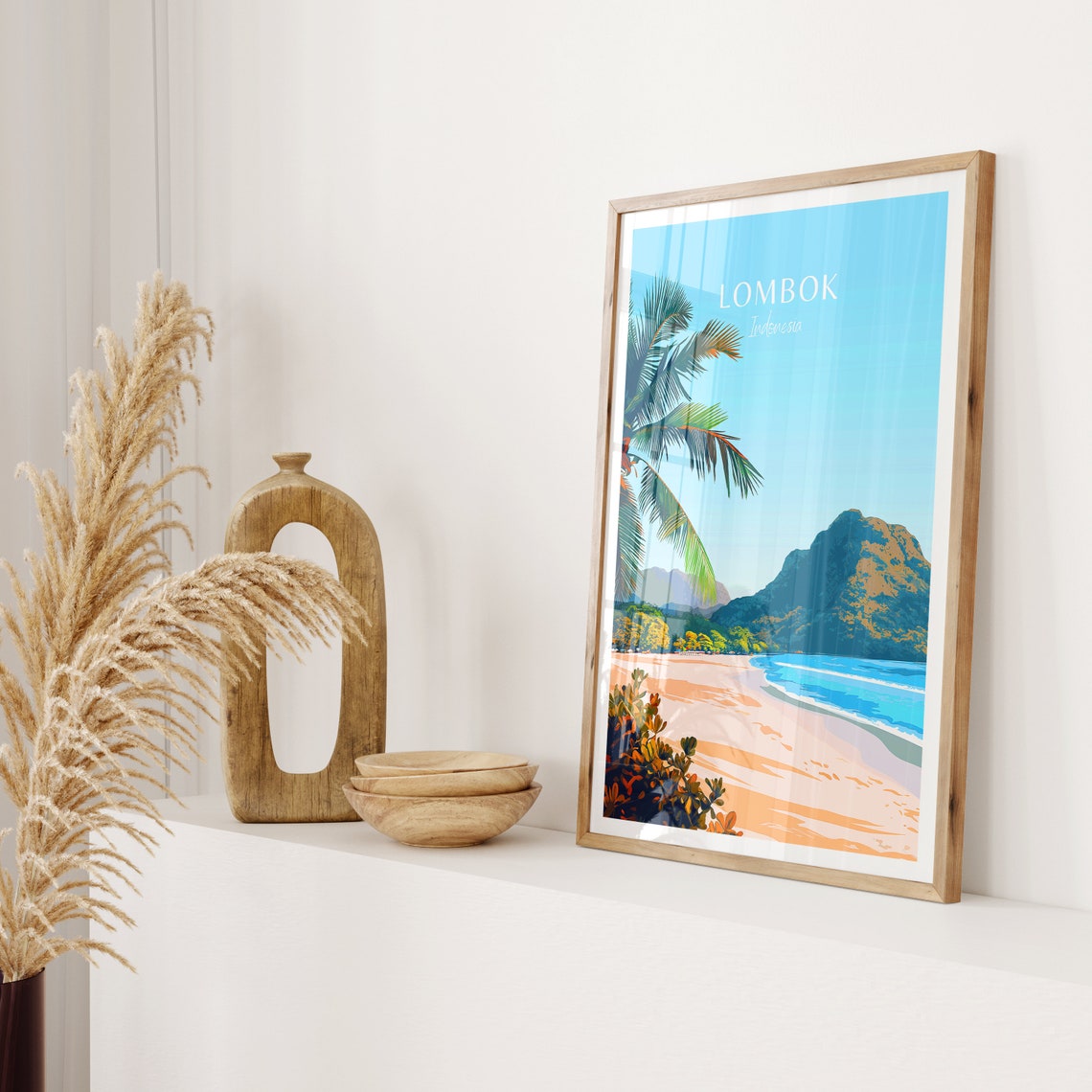 Lombok Indonesia Palm Tree Sandy Beach and Mountain Travel Poster - Image 2