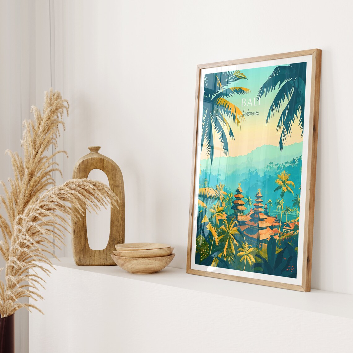 Bali Indonesia Temple Palms Golden Teal Vintage Travel Poster - Image 2