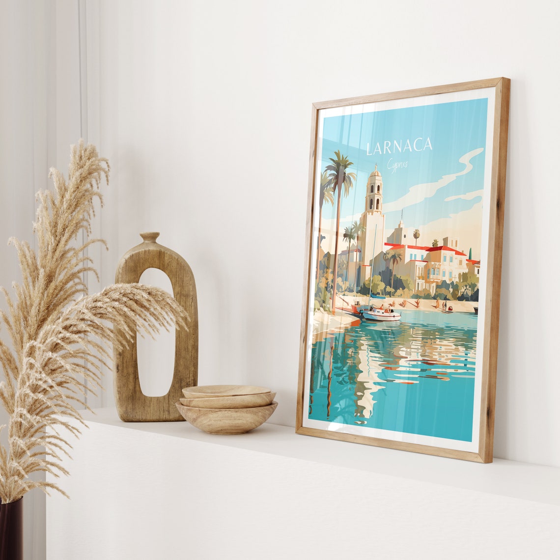 Larnaca Cyprus Church Bell Tower Lagoon Boats Palm Trees Poster - Image 2