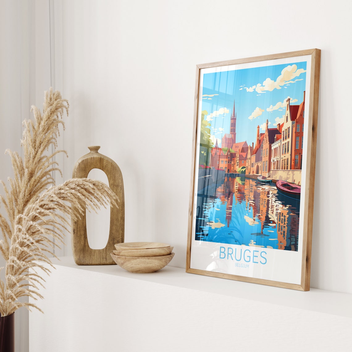 Bruges Belgium Travel Poster Canal Boats Medieval Belfry Tower Art - Image 2