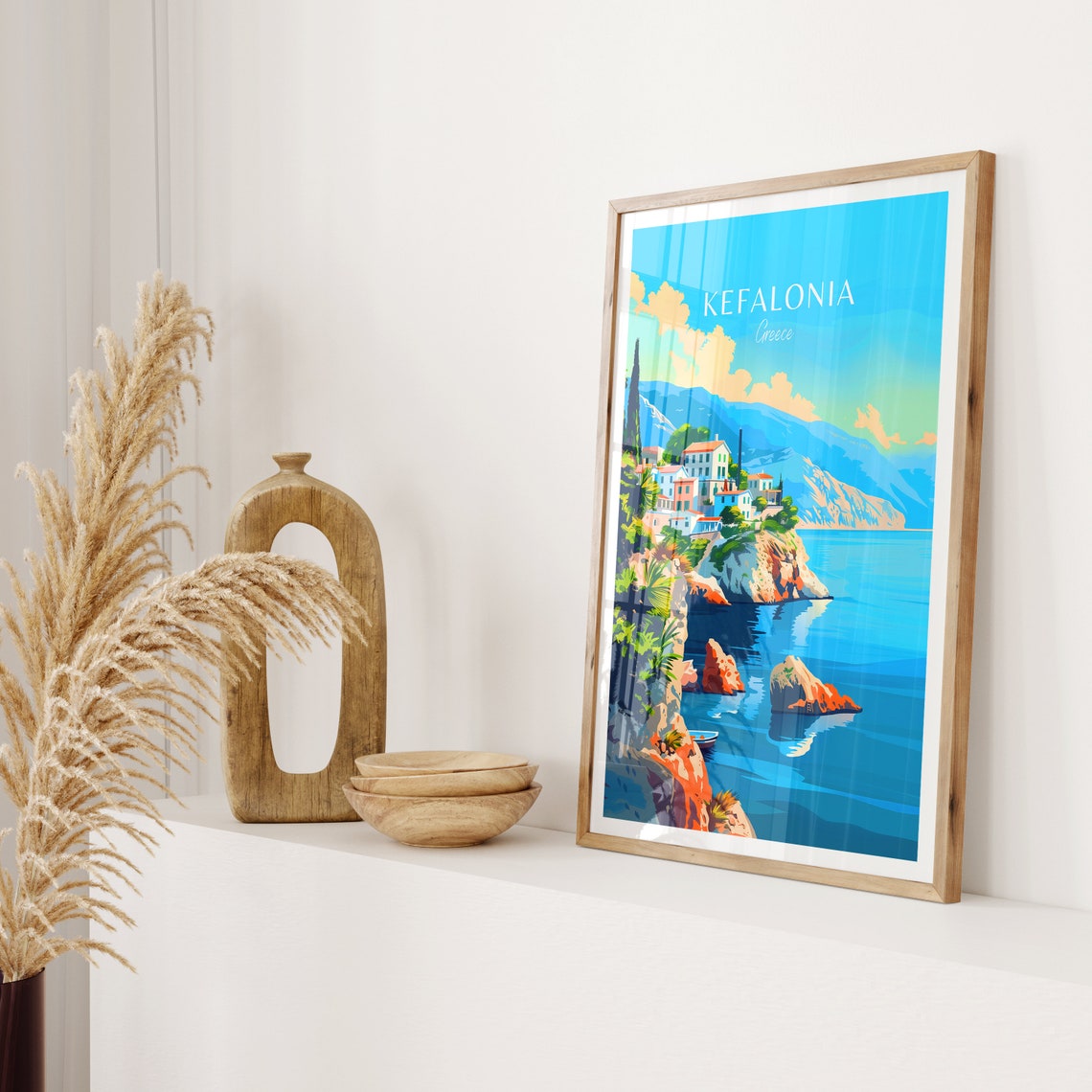 Kefalonia Greece White Village Cliffs Illustrated Travel Poster - Image 2