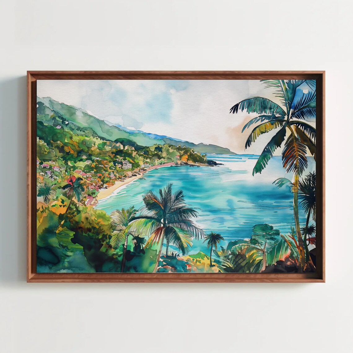 Palm-Fringed Tropical Bay Turquoise Blue Water Watercolor Poster