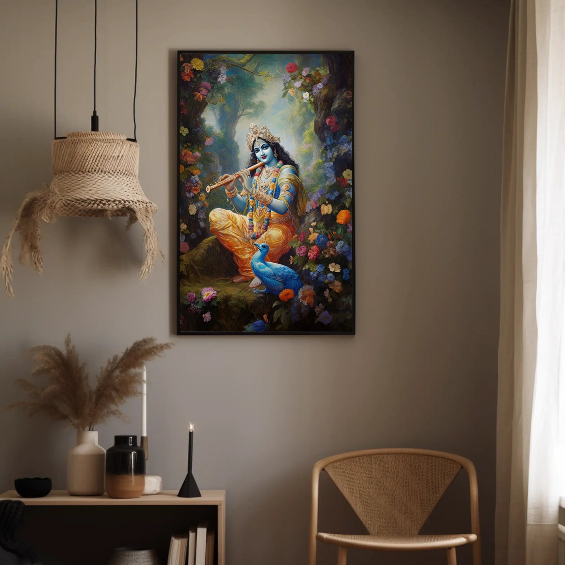 Lord Krishna Playing Flute Flower Forest Hindu God Decor Print - Image 5