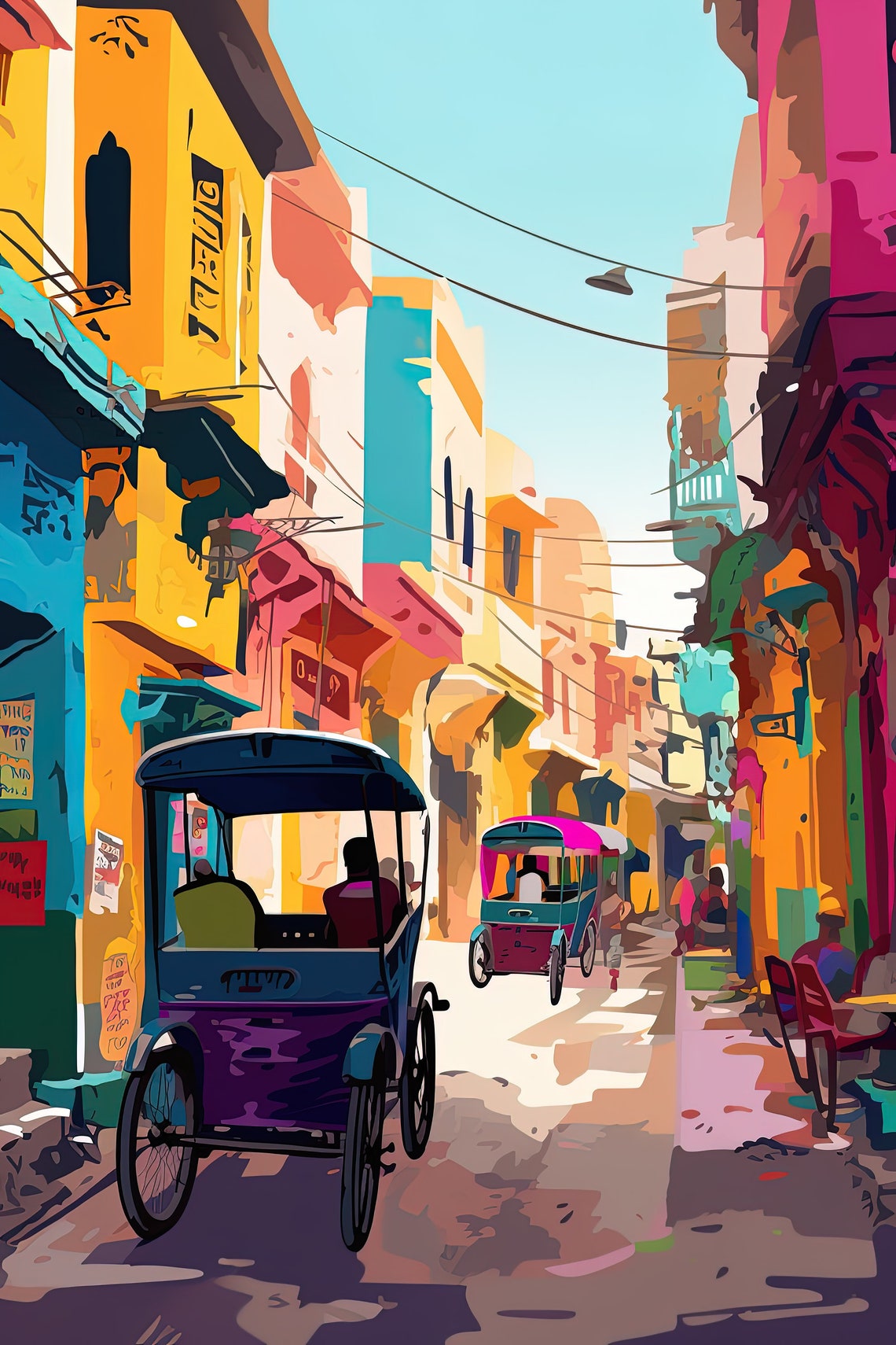 Old Delhi Street Cycle Rickshaws Vibrant India Travel Art Poster - Image 2