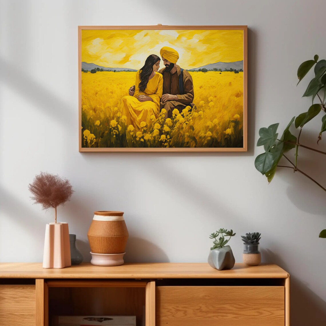Punjabi Couple in Mustard Field Sunset Romantic India Art Print - Image 4