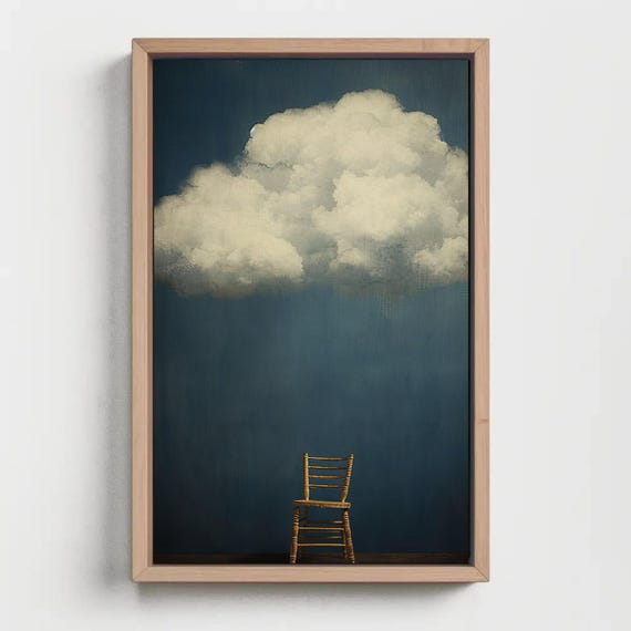 A Cloud And A Chair Modern Art Vintage Moody Cloud Painting Dark Sky Art Print Antique Navy Blue Wall Decor