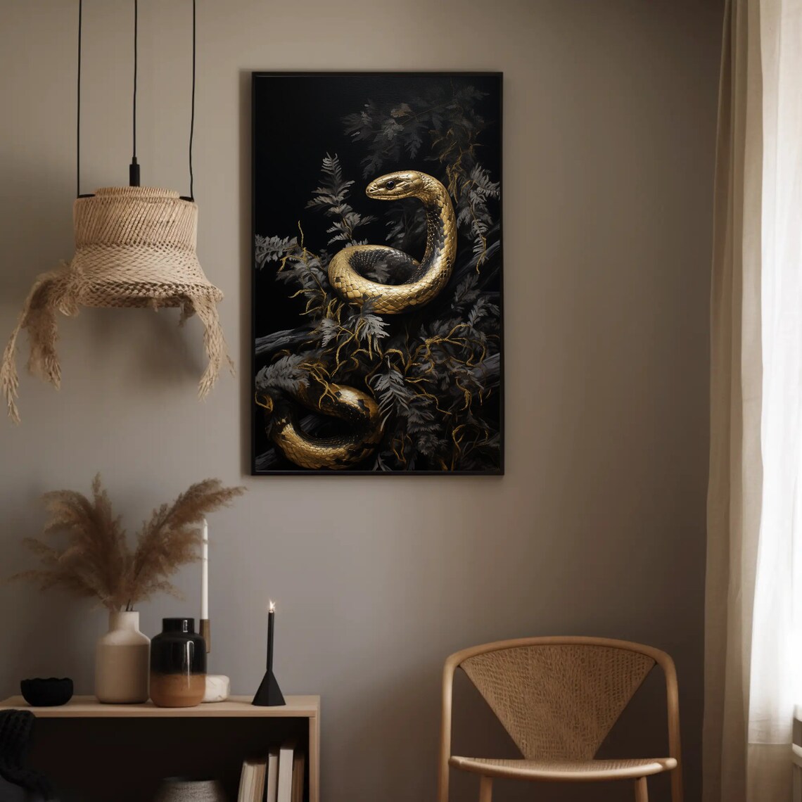 Golden Snake Coiled in Dark Ferns Dramatic Wildlife Art Poster - Image 3