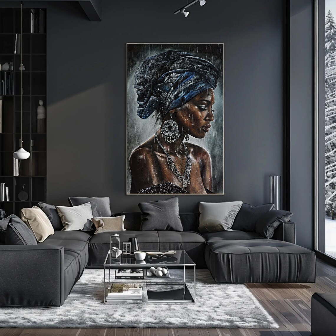 African Woman in Rain Blue Headwrap Silver Jewelry Portrait Art Poster - Image 2