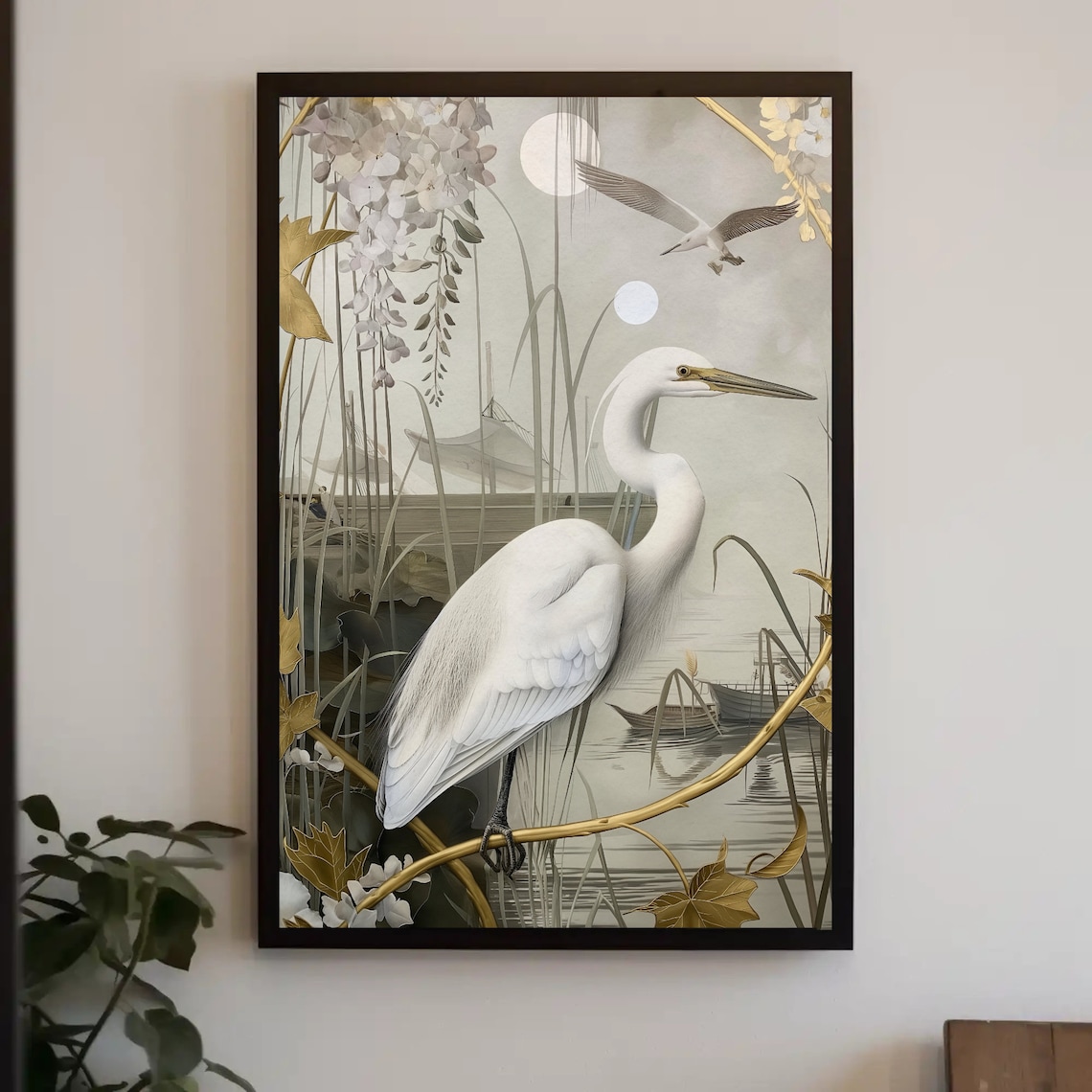 Gold White Great Egret Moonlit Reeds Chinoiserie Style Wall Art