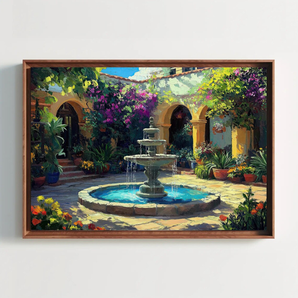 Mexican Villa Courtyard Stone Fountain Bougainvillea Sunny Day Poster